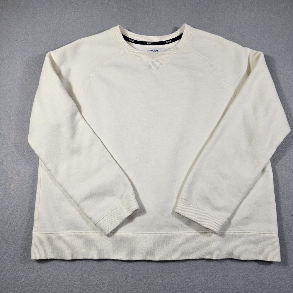 Pacer Sweatshirt Mens L White Crewneck Raglan Sleeve Fleece Lined Plain Basic